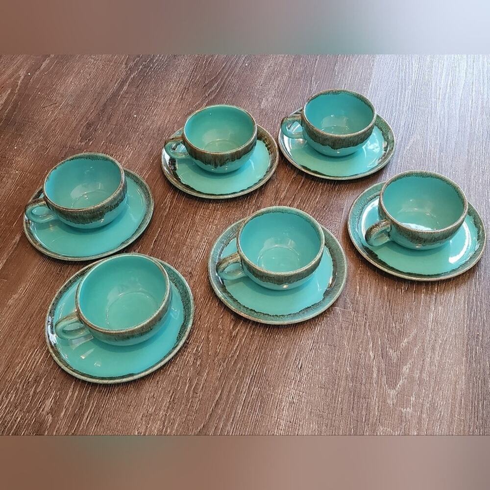 Jaska of California Cascade Ware‎ Blue with Brown Drip Vintage 6 Teacups Saucers